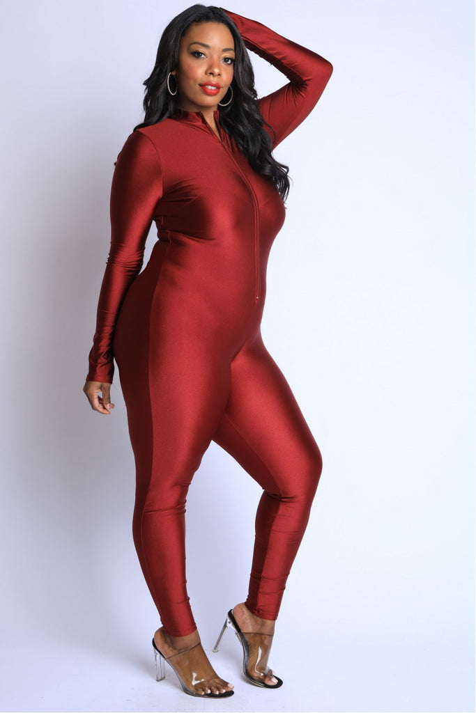 Thumbhole Mock Neck Zip Up Jumpsuit - Deals Kiosk