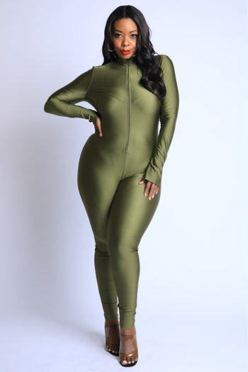 Thumbhole Mock Neck Zip Up Jumpsuit - Deals Kiosk