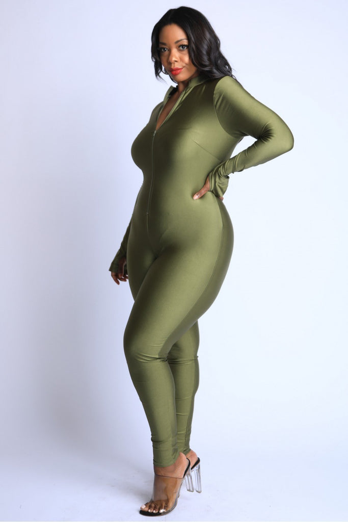 Thumbhole Mock Neck Zip Up Jumpsuit - Deals Kiosk