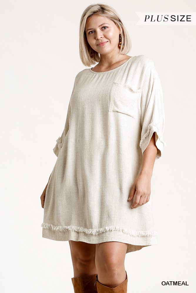 Linen Blend Round Neck Half Sleeve Dress With Chest Pocket And Frayed Edge Detail - Deals Kiosk