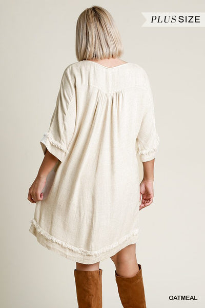 Linen Blend Round Neck Half Sleeve Dress With Chest Pocket And Frayed Edge Detail - Deals Kiosk