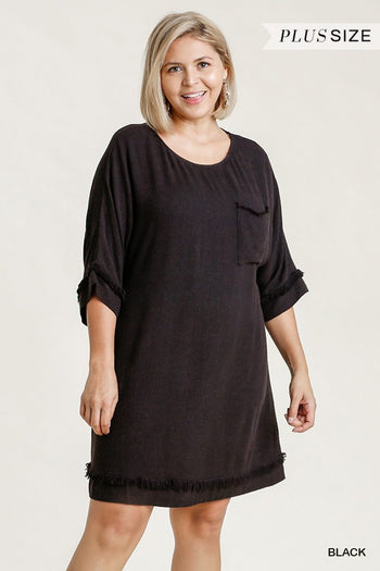 Linen Blend Round Neck Half Sleeve Dress With Chest Pocket And Frayed Edge Detail - Deals Kiosk