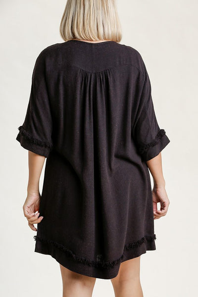 Linen Blend Round Neck Half Sleeve Dress With Chest Pocket And Frayed Edge Detail - Deals Kiosk