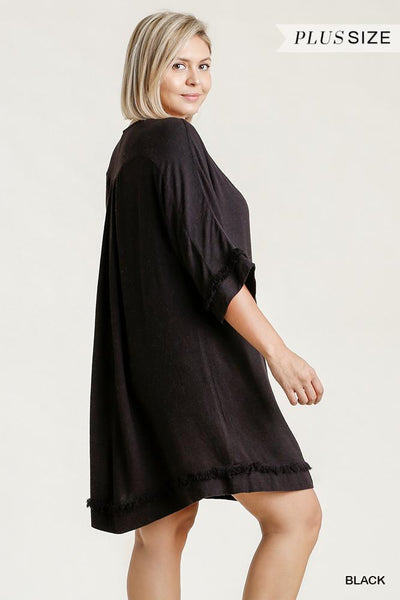 Linen Blend Round Neck Half Sleeve Dress With Chest Pocket And Frayed Edge Detail - Deals Kiosk