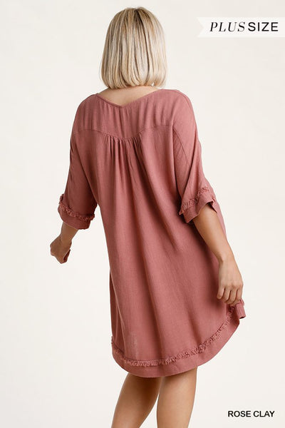 Linen Blend Round Neck Half Sleeve Dress With Chest Pocket And Frayed Edge Detail - Deals Kiosk