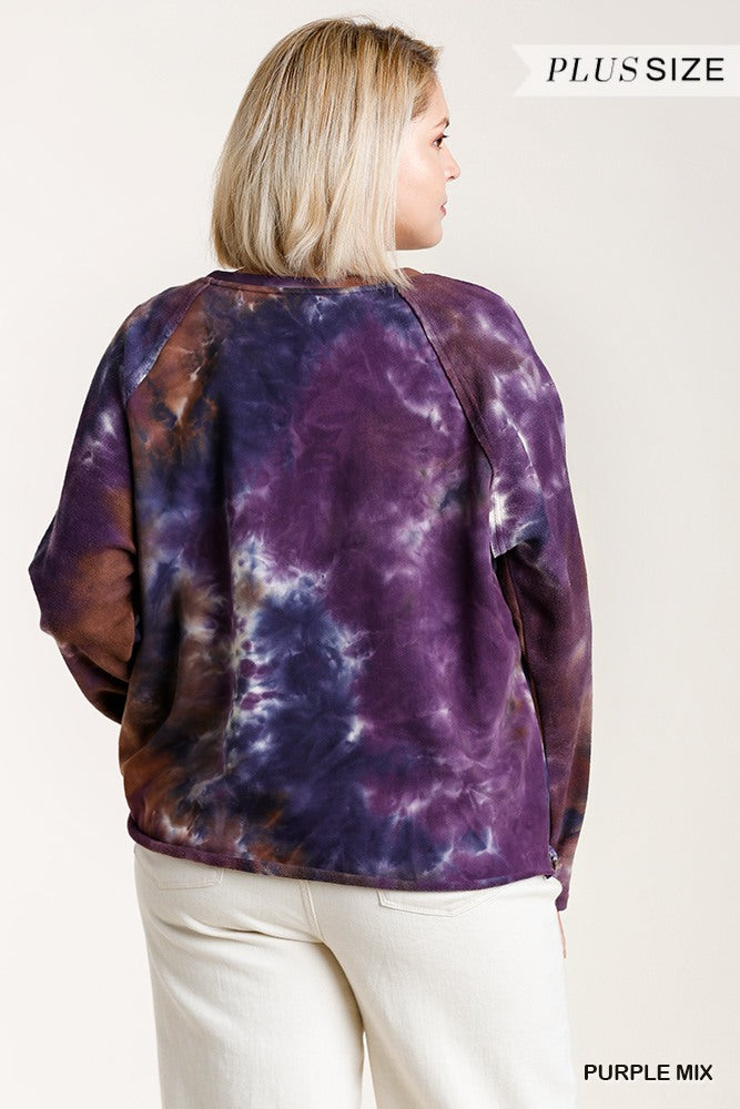 French Terry Tie-dye Raglan Long Sleeve Top With Raw Hem - Deals Kiosk