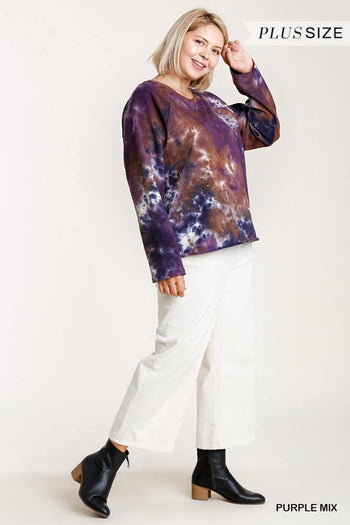 French Terry Tie-dye Raglan Long Sleeve Top With Raw Hem - Deals Kiosk