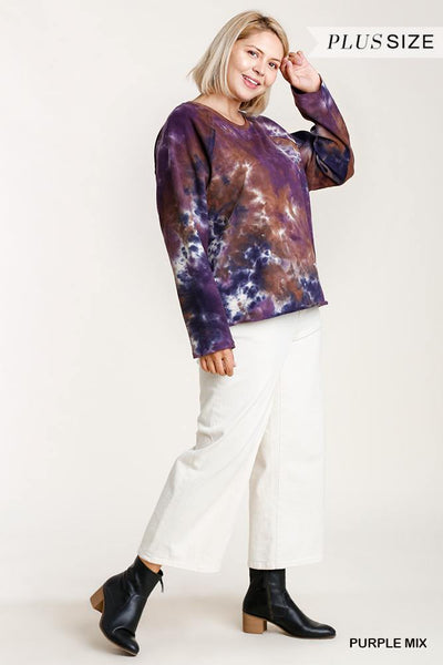 French Terry Tie-dye Raglan Long Sleeve Top With Raw Hem - Deals Kiosk