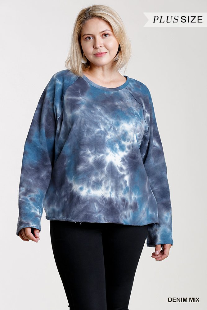French Terry Tie-dye Raglan Long Sleeve Top With Raw Hem - Deals Kiosk