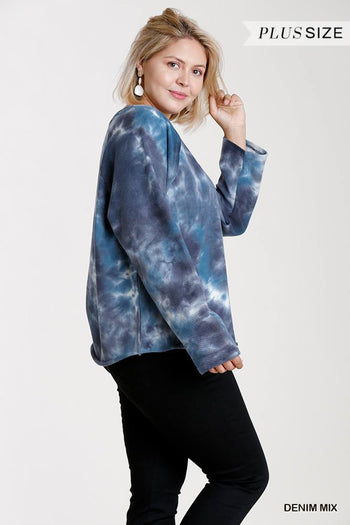 French Terry Tie-dye Raglan Long Sleeve Top With Raw Hem - Deals Kiosk