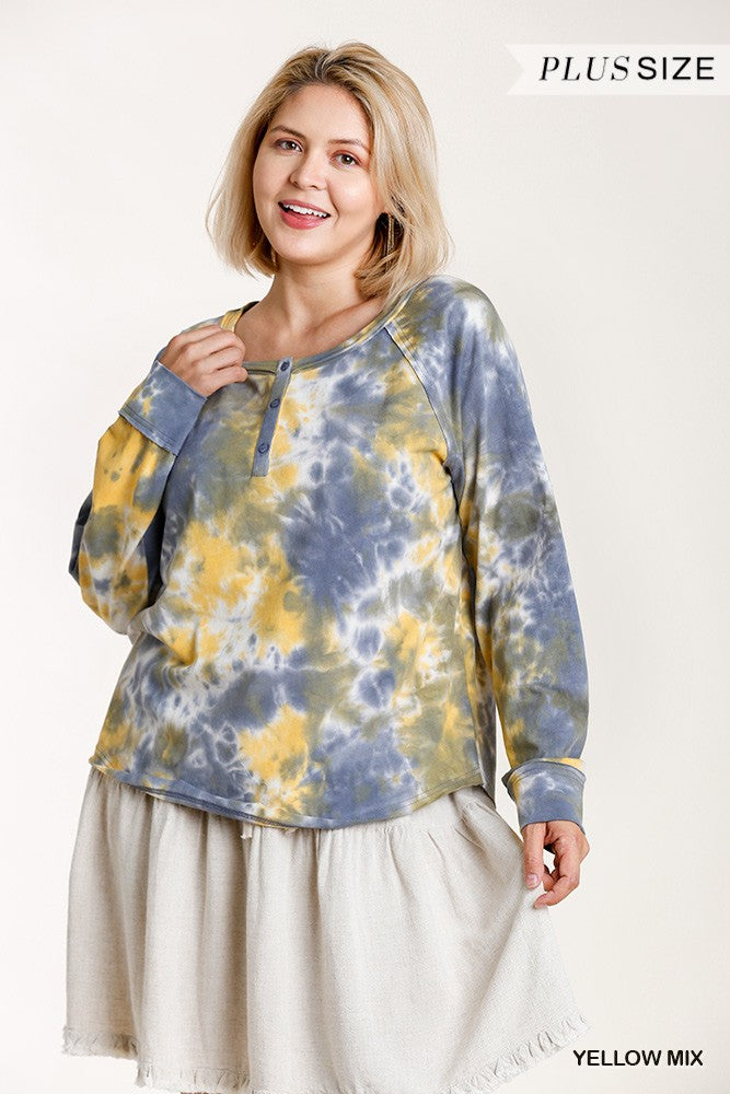 Tie-dye Button Front Long Raglan Sleeve Top With Raw Hem - Deals Kiosk
