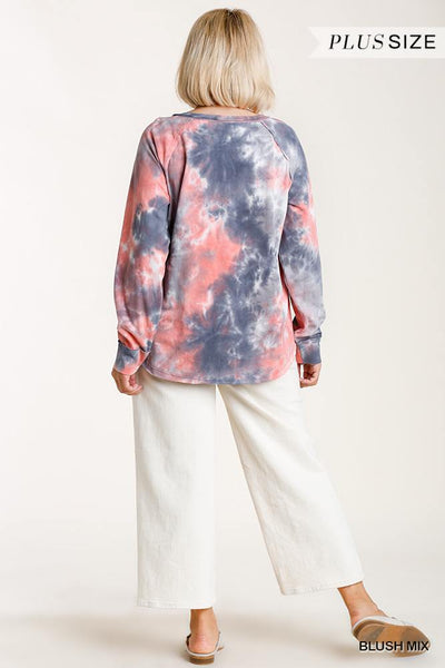 Tie-dye Button Front Long Raglan Sleeve Top With Raw Hem - Deals Kiosk