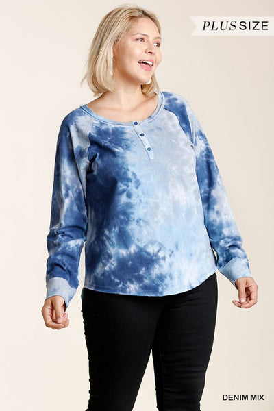 Tie-dye Button Front Long Raglan Sleeve Top With Raw Hem - Deals Kiosk