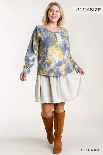 Tie-dye Button Front Long Raglan Sleeve Top With Raw Hem - Deals Kiosk