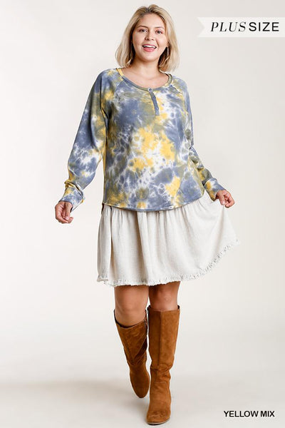 Tie-dye Button Front Long Raglan Sleeve Top With Raw Hem - Deals Kiosk
