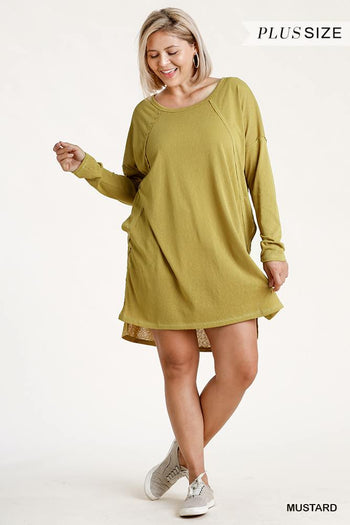 Long Raglan Sleeve Round Neck Raw Edged Detail Dress With Side Slits And Pockets - Deals Kiosk