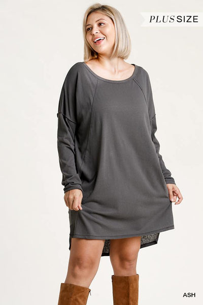 Long Raglan Sleeve Round Neck Raw Edged Detail Dress With Side Slits And Pockets - Deals Kiosk