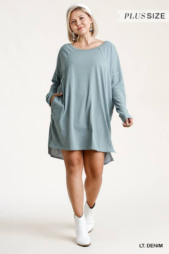 Long Raglan Sleeve Round Neck Raw Edged Detail Dress With Side Slits And Pockets - Deals Kiosk