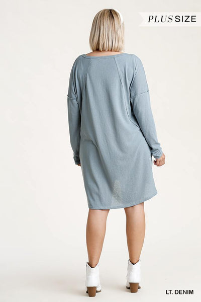 Long Raglan Sleeve Round Neck Raw Edged Detail Dress With Side Slits And Pockets - Deals Kiosk