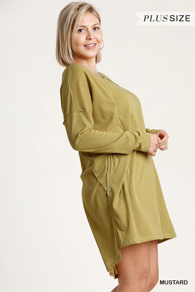 Long Raglan Sleeve Round Neck Raw Edged Detail Dress With Side Slits And Pockets - Deals Kiosk
