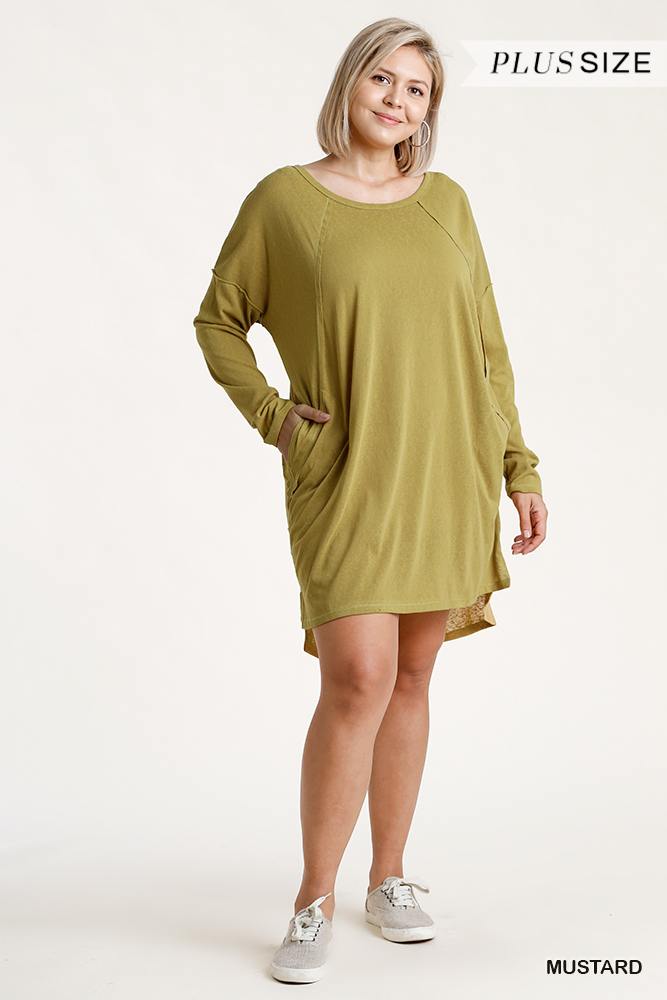 Long Raglan Sleeve Round Neck Raw Edged Detail Dress With Side Slits And Pockets - Deals Kiosk