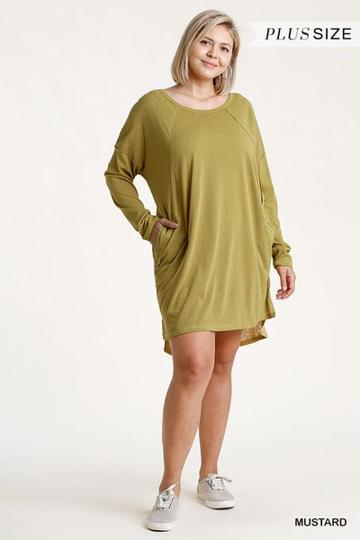 Long Raglan Sleeve Round Neck Raw Edged Detail Dress With Side Slits And Pockets - Deals Kiosk