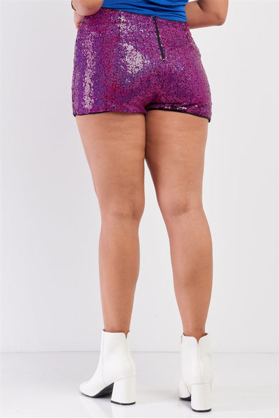Plus Size Shiny Sequin High Waisted Mini Shorts - Deals Kiosk