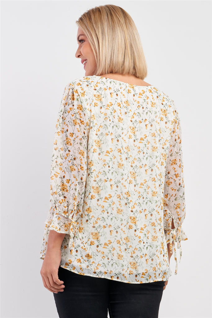 Plus Size Ivory Yellow Floral Print Relaxed Fit Draw String Self Tie Puff Midi Sleeve Top - Deals Kiosk