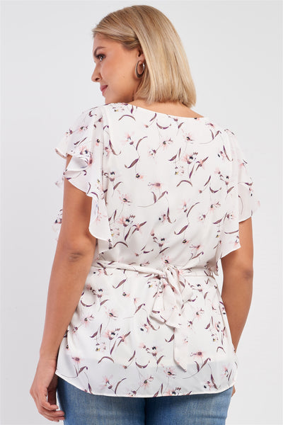 Plus White Floral Print Wing Sleeve Crew Neck Self-tie Belt Regular Fit Top - Deals Kiosk