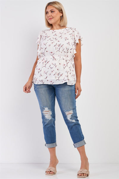 Plus White Floral Print Wing Sleeve Crew Neck Self-tie Belt Regular Fit Top - Deals Kiosk