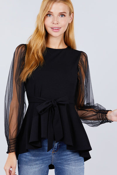Mesh Puff Sleeve Peplum Top - Deals Kiosk
