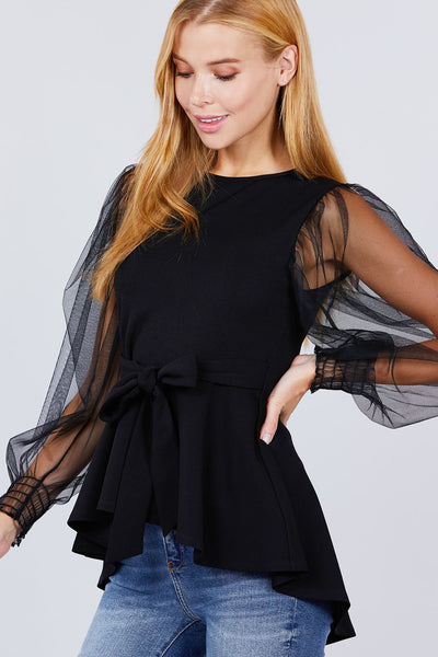 Mesh Puff Sleeve Peplum Top - Deals Kiosk