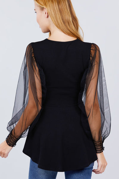 Mesh Puff Sleeve Peplum Top - Deals Kiosk