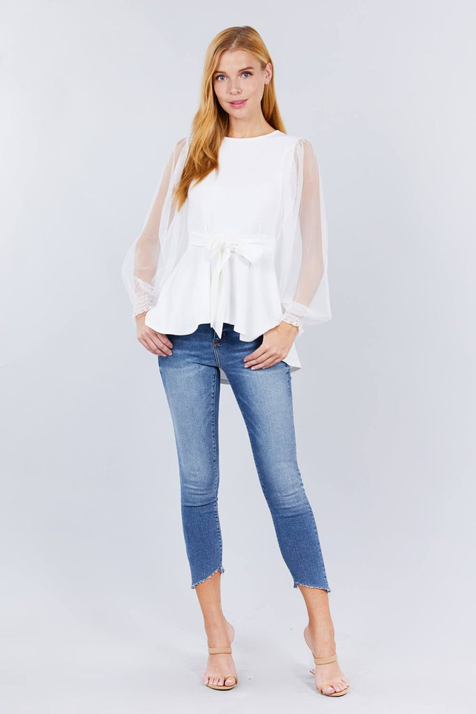 Mesh Puff Sleeve Peplum Top - Deals Kiosk