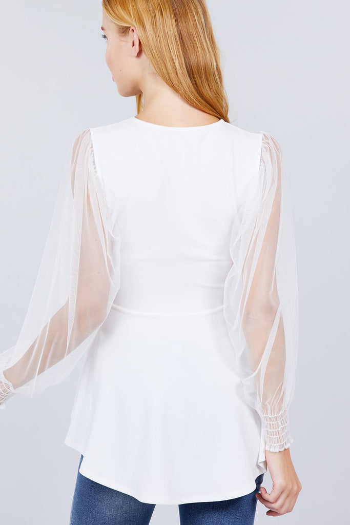 Mesh Puff Sleeve Peplum Top - Deals Kiosk