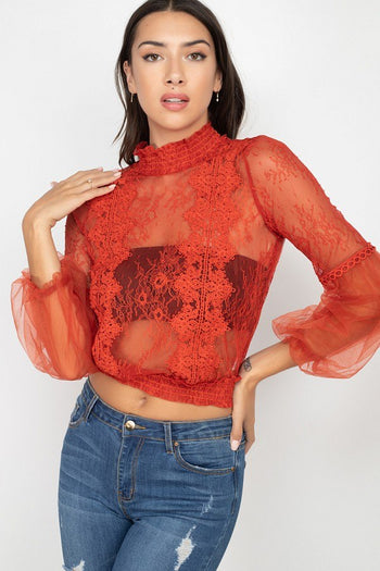 Lace Trim Balloon Sleeve Smocked Top - Deals Kiosk