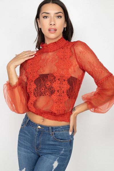 Lace Trim Balloon Sleeve Smocked Top - Deals Kiosk