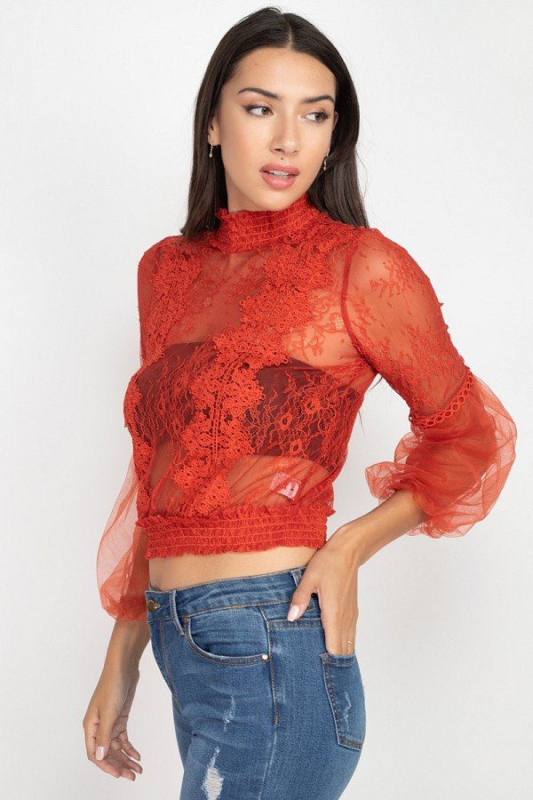 Lace Trim Balloon Sleeve Smocked Top - Deals Kiosk