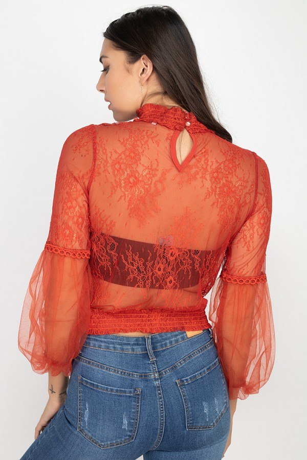 Lace Trim Balloon Sleeve Smocked Top - Deals Kiosk