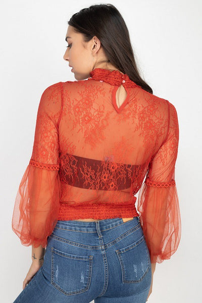 Lace Trim Balloon Sleeve Smocked Top - Deals Kiosk