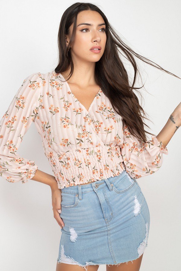 Floral Shadow Stripe V-neck Top - Deals Kiosk