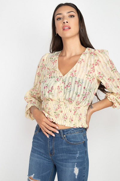 Floral Shadow Stripe V-neck Top - Deals Kiosk