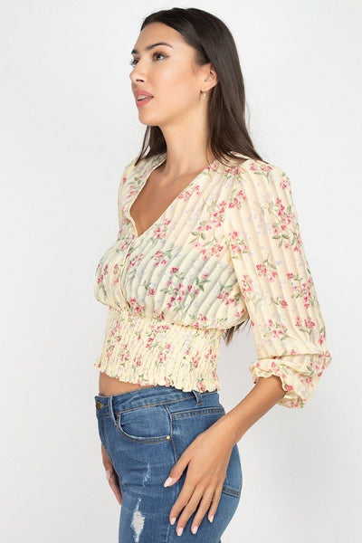 Floral Shadow Stripe V-neck Top - Deals Kiosk