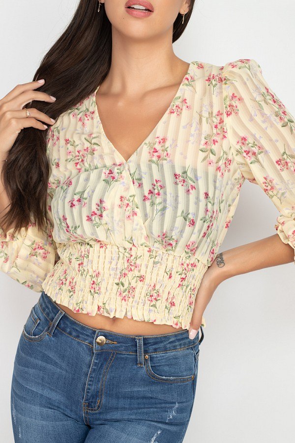 Floral Shadow Stripe V-neck Top - Deals Kiosk