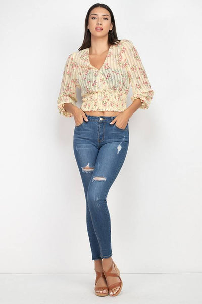 Floral Shadow Stripe V-neck Top - Deals Kiosk