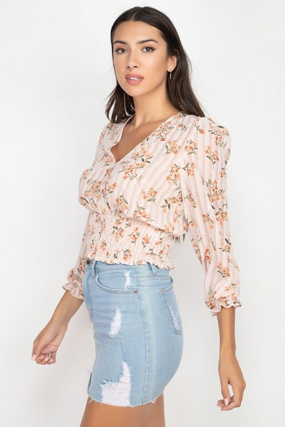 Floral Shadow Stripe V-neck Top - Deals Kiosk