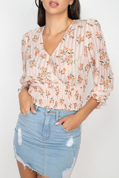 Floral Shadow Stripe V-neck Top - Deals Kiosk