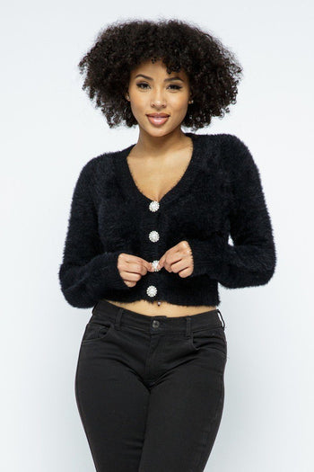 Eyelash Knit Cropped Cardigan With Pearl Button Details - Deals Kiosk