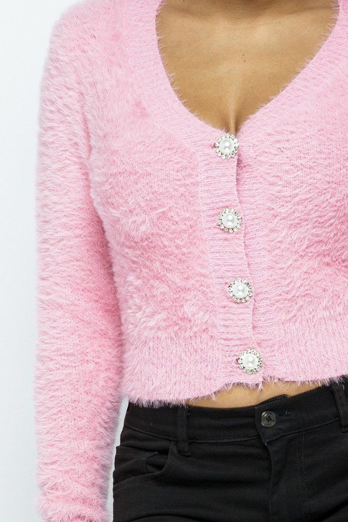 Eyelash Knit Cropped Cardigan With Pearl Button Details - Deals Kiosk