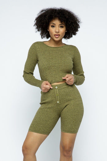 Knit Long Sleeve Cropped Top Knit High-waist Biker Shorts Set - Deals Kiosk